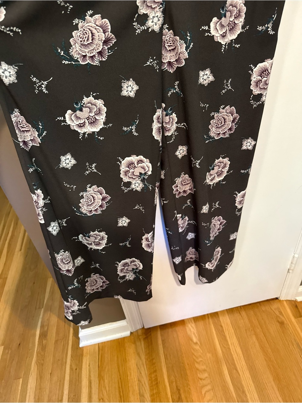 LOFT Black Wide-Leg Floral Pants with Lavender Blooms